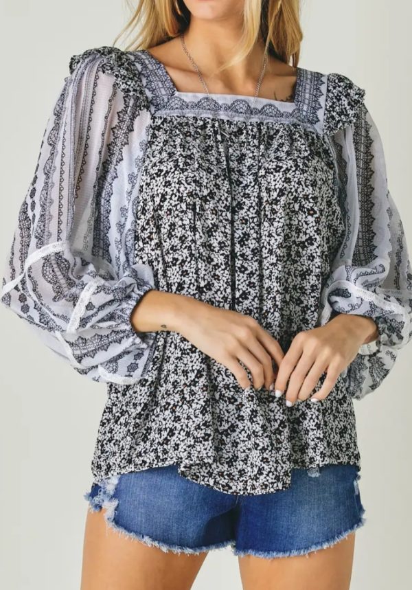 Black and White sheer floral blouse