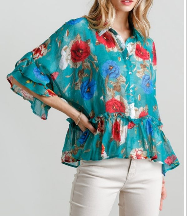 Umgee Jade flower button top - sheer