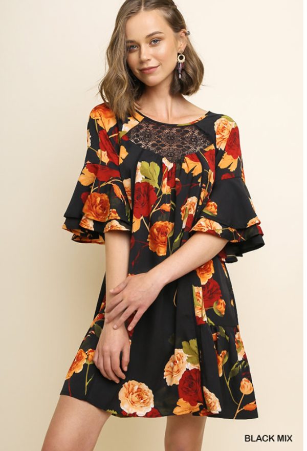 Orange/red flowers on black dress